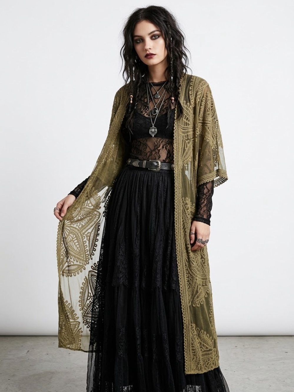 Cotton Blend Olive Green Lace Duster